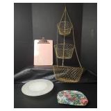 Vintage White Milk Glass 10 inch Cake Pedestal Stand, 3-Tier Gold Wire Hanging Basket and More