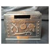 Vintage Rocky Mountain Iron Lock Piggy Bank Filled with Pennies