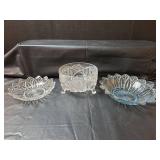 Crystal Clear Glass Footed Bowls and Light Blue Glass Bowl