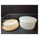 Tupperware Round Cake Taker Container with Yellow Handle and Large Round Storage Bowl