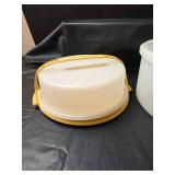 Tupperware Round Cake Taker Container with Yellow Handle and Large Round Storage Bowl