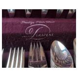 4 piece Oneida William A Rogers Silverplate flatware set and Prestige Plate flatware and serving pieces set in Wooden Storage Chest