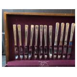 4 piece Oneida William A Rogers Silverplate flatware set and Prestige Plate flatware and serving pieces set in Wooden Storage Chest