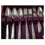 4 piece Oneida William A Rogers Silverplate flatware set and Prestige Plate flatware and serving pieces set in Wooden Storage Chest