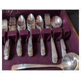 4 piece Oneida William A Rogers Silverplate flatware set and Prestige Plate flatware and serving pieces set in Wooden Storage Chest