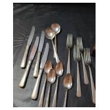 4 piece Oneida William A Rogers Silverplate flatware set and Prestige Plate flatware and serving pieces set in Wooden Storage Chest
