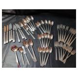 4 piece Oneida William A Rogers Silverplate flatware set and Prestige Plate flatware and serving pieces set in Wooden Storage Chest