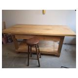 Solid Pine Woodworking Bench with Storage Shelf, 3 Large Drawers, Metal Tool Rack, and Bar Stool