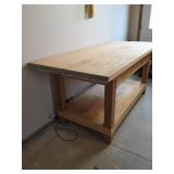 Solid Pine Woodworking Bench with Storage Shelf, 3 Large Drawers, Metal Tool Rack, and Bar Stool
