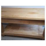 Solid Pine Woodworking Bench with Storage Shelf, 3 Large Drawers, Metal Tool Rack, and Bar Stool