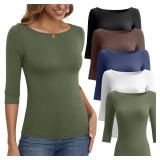 Ficerd 5 Pack 3/4 Sleeve Tops for Women Tight Boat Neck T Shirts Slim Fit Three Quarter Sleeve Tees Basic Casual Tops(Black, Coffee, Gray Blue, White, Army Green,X-Large)