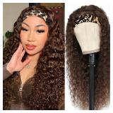 Aiterina Headband Wig Human Hair Headband Wig Deep Wave Human Hair Wigs for Black Women Glueless Human Hair Wigs Machine Made 150% Density No Lace Deep Headband Wig Chocolate Brown 12 inch