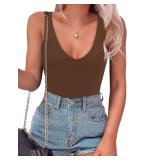 SAUNGKUAI Womens Bodysuit Sexy Plunge Deep V Neck Backless Sleeveless Tank Thong Body Suits Outfits for Going Out Brown L