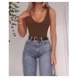 SAUNGKUAI Womens Bodysuit Sexy Plunge Deep V Neck Backless Sleeveless Tank Thong Body Suits Outfits for Going Out Brown L