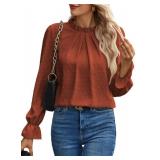 Spriolim Womens Ruffle Casual Top Swiss Dot Crewneck Shirt Long Sleeve Loose Pleated Blouses Dark Orange, X-Large