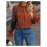 Spriolim Womens Ruffle Casual Top Swiss Dot Crewneck Shirt Long Sleeve Loose Pleated Blouses Dark Orange, X-Large