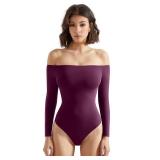 SUUKSESS Women Off the Shoulder Long Sleeve Bodysuit Top Double Lined Sexy Thong Bodysuits Shirts (Violet,M)