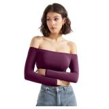 SUUKSESS Women Off the Shoulder Long Sleeve Bodysuit Top Double Lined Sexy Thong Bodysuits Shirts (Violet,M)