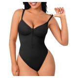 FeelinGirl Shapewear Tummy Control for Women Zip Shapewear Bodysuit Thong V-Neck Body Suit Seamless Body Shaper Medium
