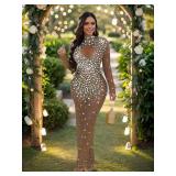 Figdaw Sequin Formal Gowns Elegant Evening Dresses for Women 2024 2025,Sexy Long Rhinestone Sparkly Prom Dress,Tan,XXL