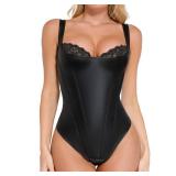 Popilush Bodysuit for Women Tummy Control Shapewear Faux Leather Corset Tops Thong Body Suits for Womens Small