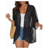 Womens Kimono Cardigans Beach Cover ups Swimwear Puff Sleeve Loose Casual Summer Tops (Black,3XL)