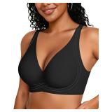 OEAK Womens Comfortable Deep V Bras Wireless Push Up Seamless Full Coverage Bralettes Supportive Bra Raceback Tshirt Bras Black,L