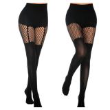 MANZI Womens Faux Thigh High Fishnet Stockings Stitching Opaque Pantyhose Mock Over the Knee Goth Tights Striped Suspender Nylons(1 Grid+1 Suspender)