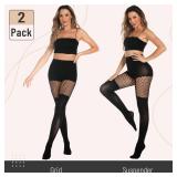 MANZI Womens Faux Thigh High Fishnet Stockings Stitching Opaque Pantyhose Mock Over the Knee Goth Tights Striped Suspender Nylons(1 Grid+1 Suspender)