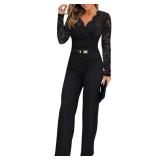 CHICME Womens Dressy Lace Jumpsuit Casual Fall Long Sleeve V-Neck Straight Leg Overalls Black-M