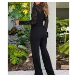 CHICME Womens Dressy Lace Jumpsuit Casual Fall Long Sleeve V-Neck Straight Leg Overalls Black-M
