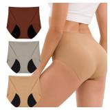 INNERSY Lightweight Period Underwear for Women Silky Seamless High Waisted Panties 3-Pack(Medium, Khaki Noir)
