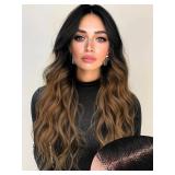 Brown Wig for Women, Long Wavy Black To Brown Lace Hairline Middle Part Synthetic Heat Resistant Wig for Daily Party-26 Inch - Retail: $35