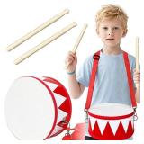 Kids Drum Set, Wooden Toy Drum Set, Educational Baby Musical Toys Drum with Adjustable Strap 2 Drumsticks, Sensory Musical Instrument Drum Toy for Toddler Boys & Girls Gift