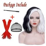 Black White Cruella Deville Wig for Cruella Deville Costume Women Curly Wavy Wigs for Halloween R019BW - Retail: $19