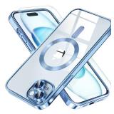 iPhone 15 Case Compatible with MagSafe [Never Yellowing] [Military Grade Drop Protection] Full Camera Lens Protector Plating Soft Clear Phone Case for Women,Sierra Blue - Retail: $15