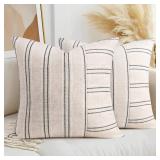 26x26 Decorative Farmhouse Linen Throw Pillow Covers, Boho Textured Pillow Case, Set of 2, Beige with White & Black Stripe Patchwork Cushion Cover for Sofa Couch Living Room (Cover ONLY) - Retail: $14