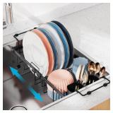 Small Sink Dish Drying Rack, Capacity Expandable Narrow Dish Drainer for RV Sink Apartment Kitchen with Utensil Holder, 12-16.8" L x 9" W, Black - Retail: $25"