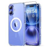 iPhone 16 Case, Compatible with MagSafe, with Screen Protectors, Anti-Yellowing Military-Grade Protection, Shockproof Slim Magnetic Phone Case for iPhone 16 6.1, Clear - Retail: $8"