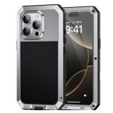iPhone 16 Pro Max Case, Metal Heavy Duty Shockproof Tough Rugged Case with Built-in Glass Screen Protector, 360 Full Body DustProof Strong Protective Phone Case for 16 Pro Max 6.9, Silver - Retail: $2