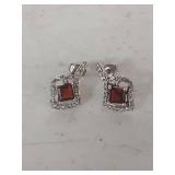 Square Garnet and Crystal Stud Earrings - Marked .925