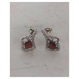 Square Garnet and Crystal Stud Earrings - Marked .925