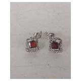 Square Garnet and Crystal Stud Earrings - Marked .925