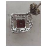 Square Garnet and Crystal Stud Earrings - Marked .925