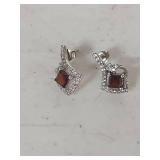 Square Garnet and Crystal Stud Earrings - Marked .925