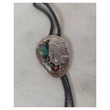 Native American Bolo Tie with Turquoise and Coral