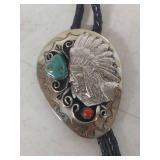 Native American Bolo Tie with Turquoise and Coral
