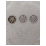 (3) 1942 Mercury Dimes - P-D-S Mint Marks
