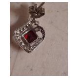 Square Garnet and Crystal Stud Earrings - Marked .925