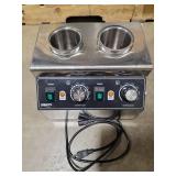 JOHAKYU Commercial Electric Sauce Warmer Dispenser Stainless Steel Countertop Hot Fudge/Nacho Cheese Warmer with 2 650ml Squeeze Bottles and 2 Funnels (2 Grids) Retail $115